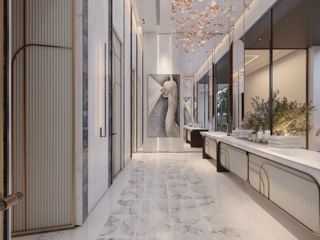Elegant marble flooring with luxury bathroom vanities and modern decor, showcasing high-quality concrete finishes for upscale interior design.